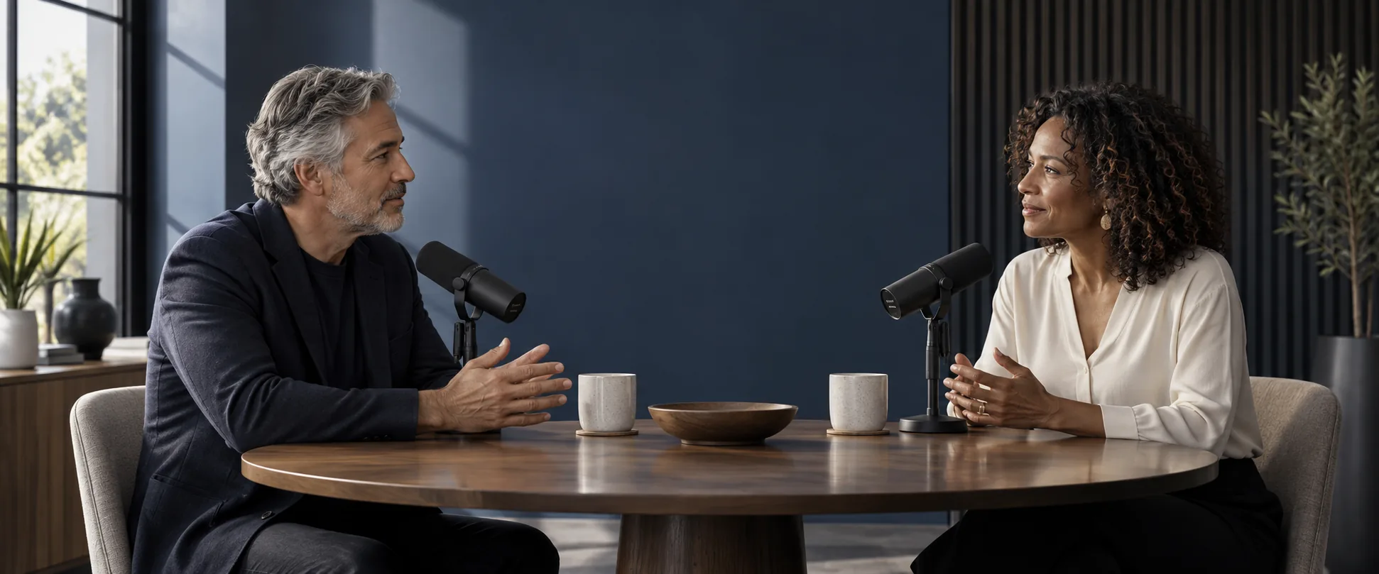 A host and guest talking across a round table, each on a studio microphone
